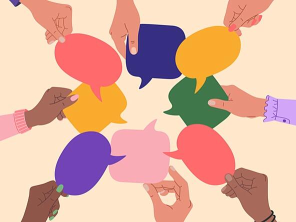 illustration - selection of hands hold up different coloured speech bubbles